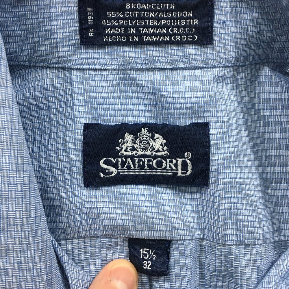 Stafford Mens 15 1/2 32 Blue Check Broadcloth Cotton Blend Long Sleeve Shirt - Picture 6 of 8